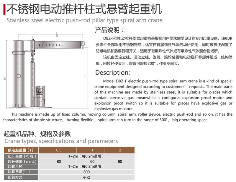 不銹鋼電動推桿柱式懸臂起重機